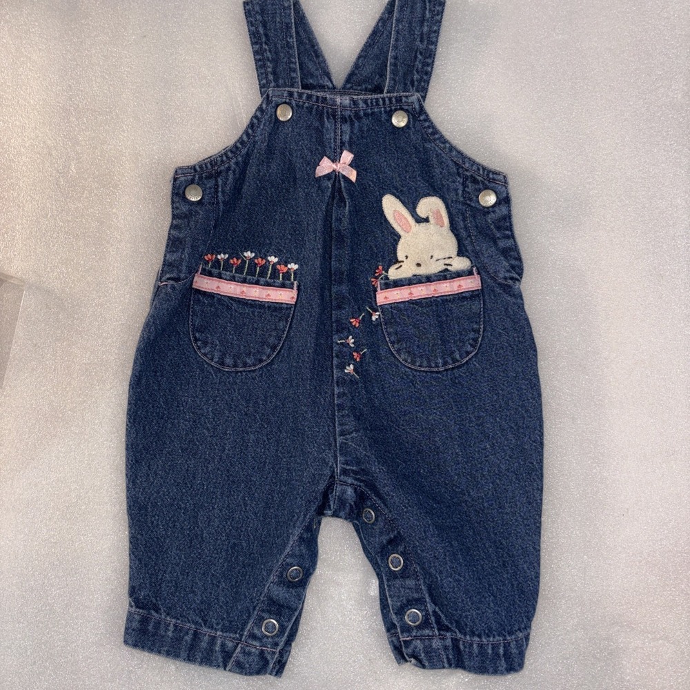 Carters Overalls Girls 0-3 Months Denim Flowers Spring Bunny Easter 90s VTG